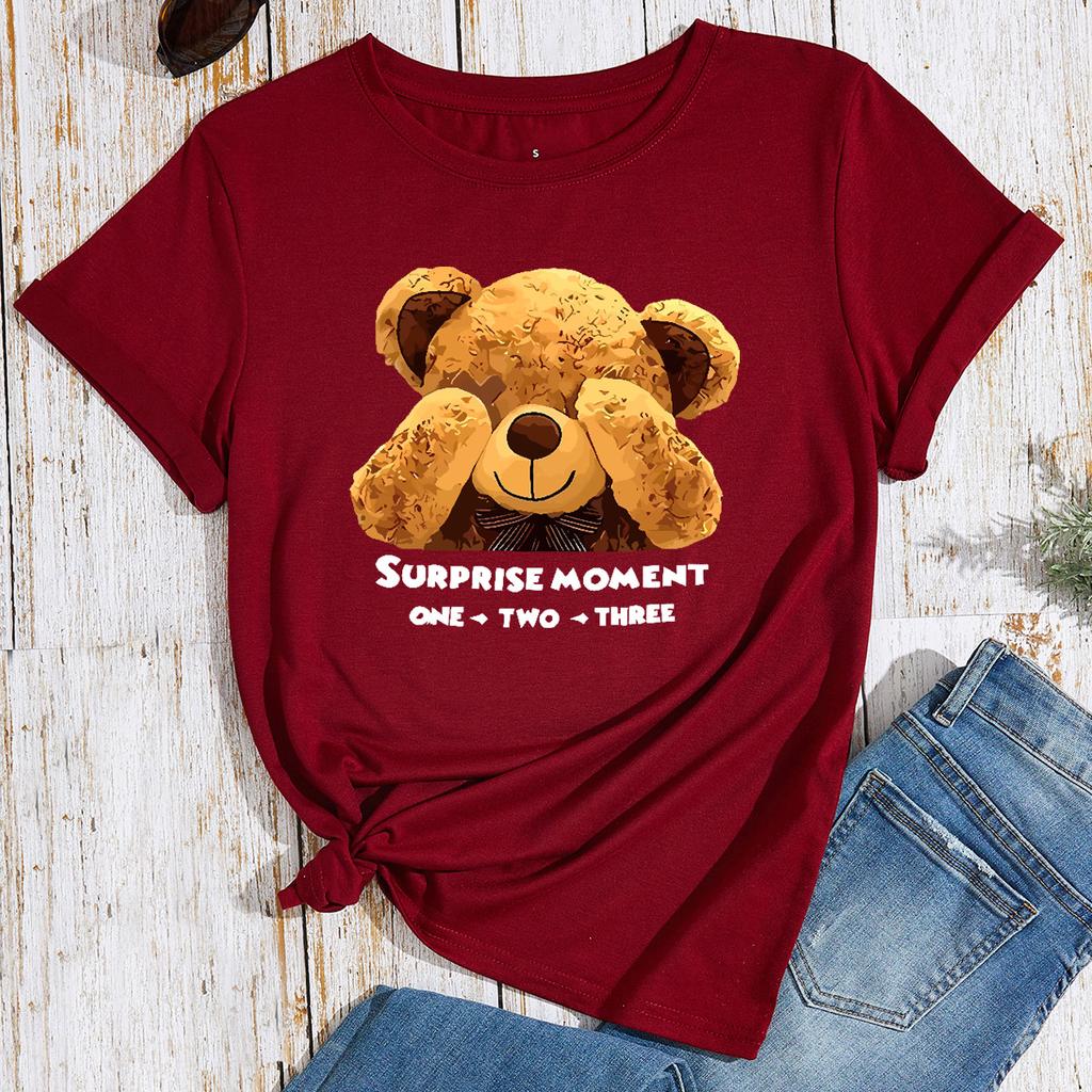 BEAR Pattern Cotton T-Shirt Short Sleeve Round Neck Women 2d Print Tops