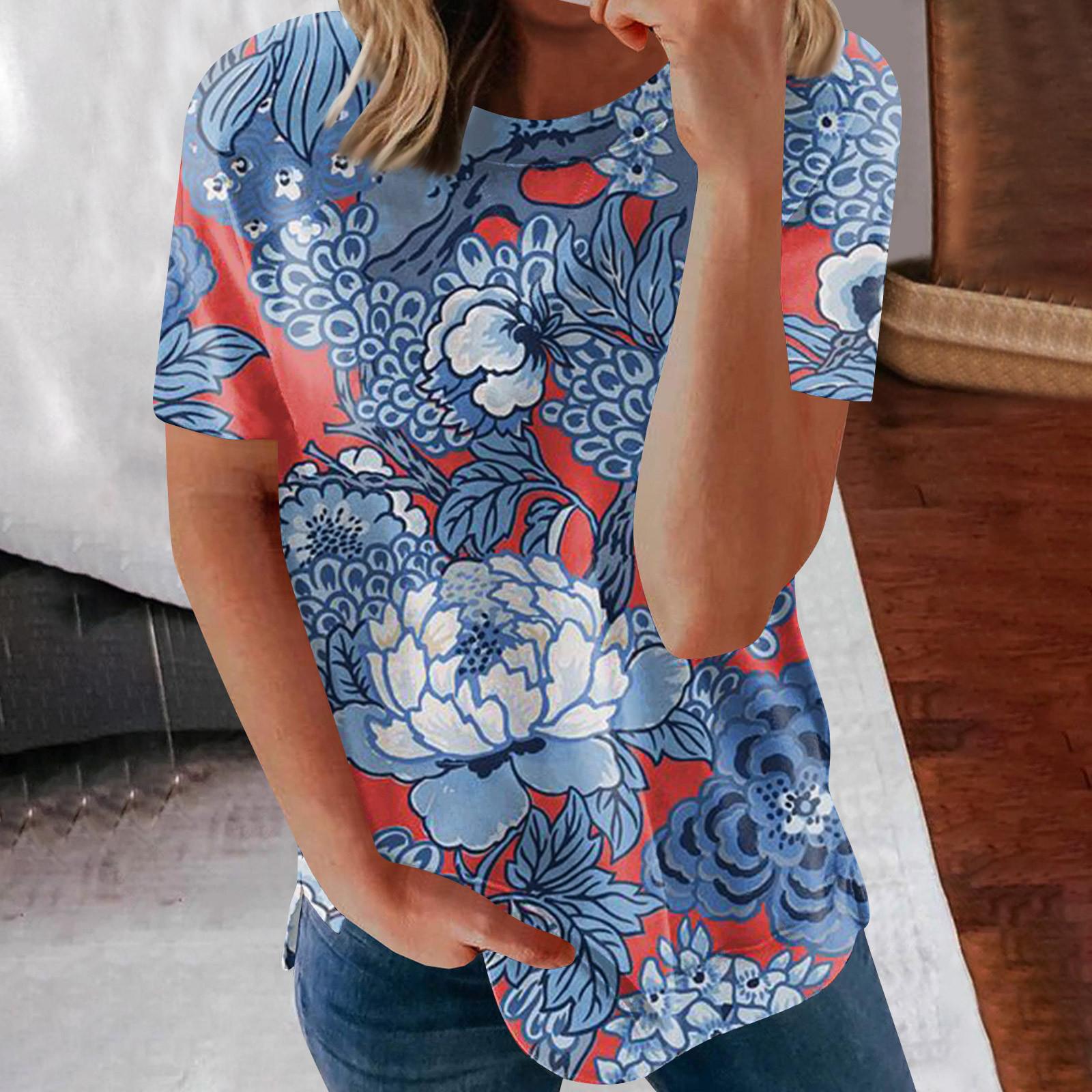

Women s Printed Short Sleeve Round Neck Retro Short Sleeve Summer Loose Tops Tops Women s Summer T-Shirts M синій