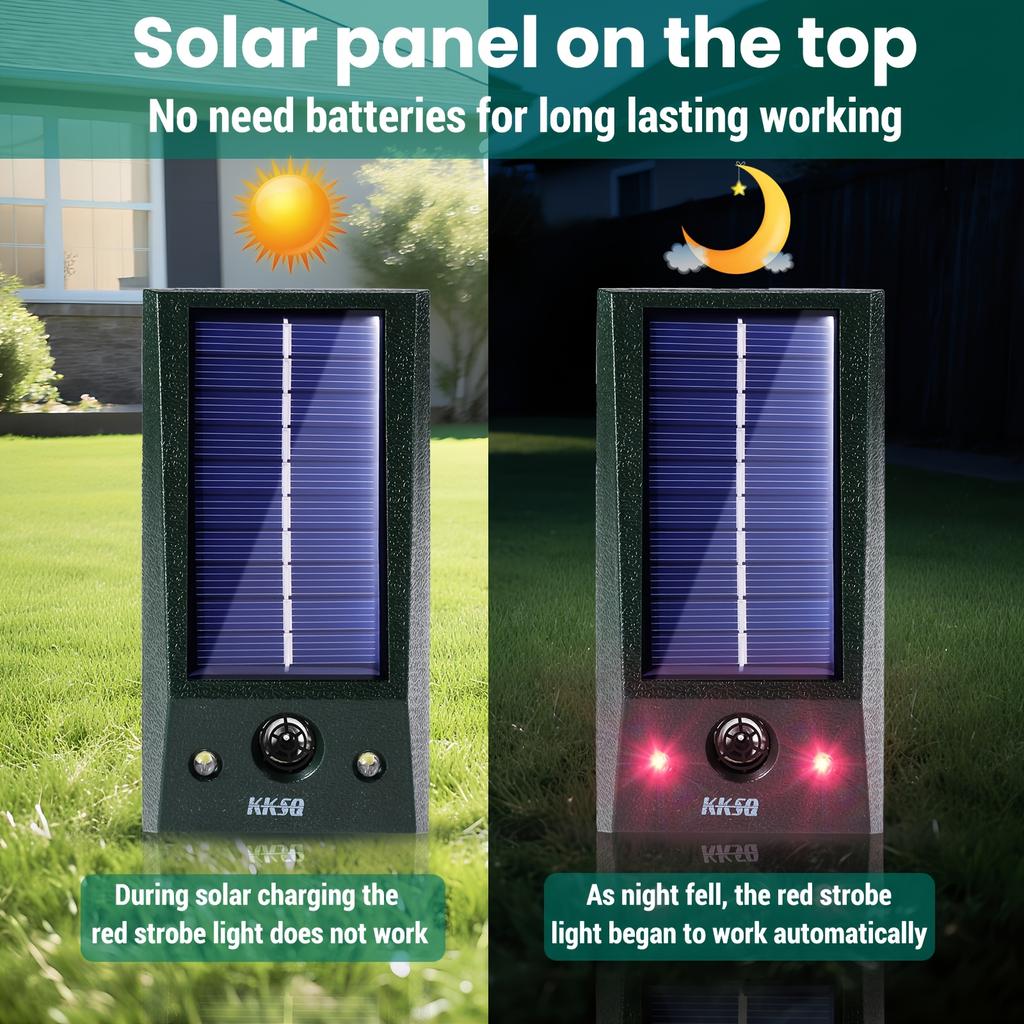 Solar Powered Ultrasonic Destroyer with Motion Sensor and Flash, Suitable for Repelling Dogs, Cats, Birds, Squirrels, Raccoons, Skunks, Mice, Moles