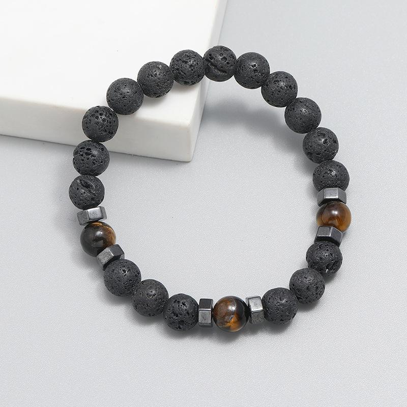 Handmade Elastic Lava Wooden Beads Bracelet for Men Volcanic Stone Tibetan Buddha Male Wrist Chain