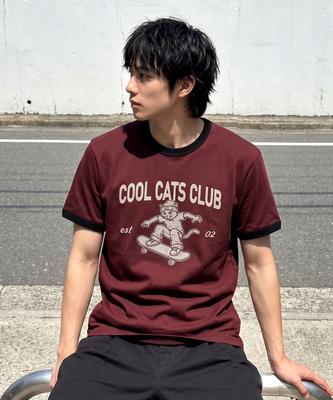 UNDEROFF Essential Standard Short Sleeve Ringer T-Shirt Cool Cats Club Burgundy