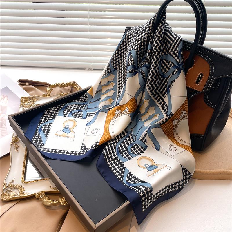 71Cm Travel Thousand Bird Grid Headscarf 71 Square Scarf Silk Scarf X Temperament Scarf Picture Color Matching Simulation Silk Women's Shawl Scarf
