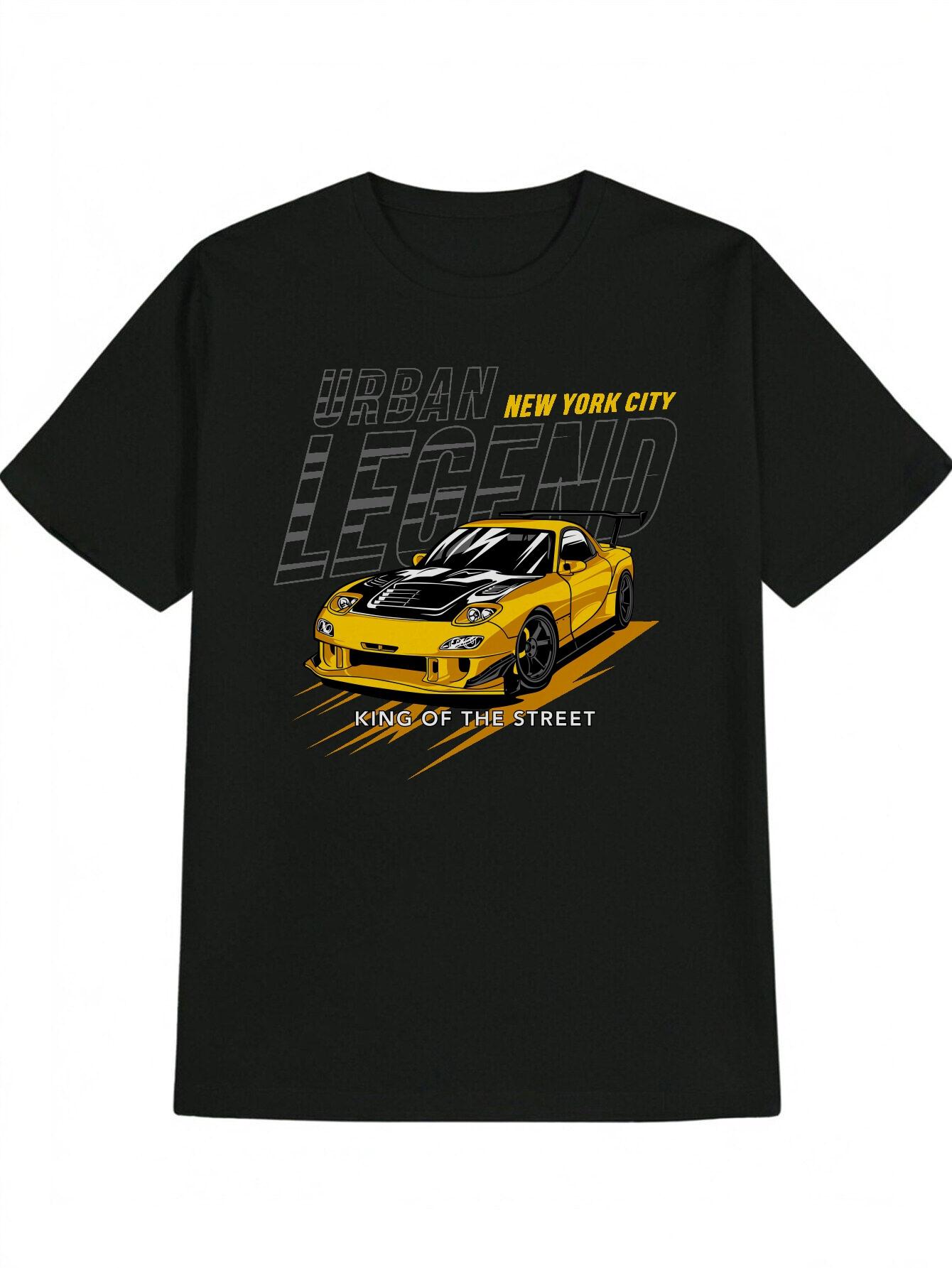 Casual Graphic T-shirt - Urban Legend New York City Streetwear Design with Yellow Sports Car & Bold Lettering S