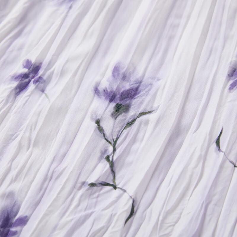 Purple Floral Pleated A-Line Midi Skirt