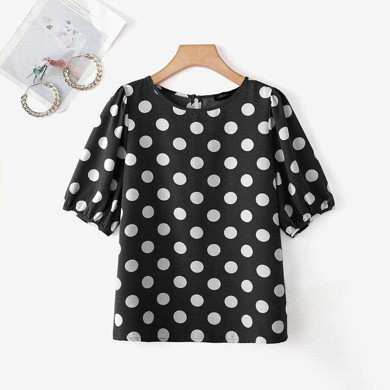 ZANZEA Blusa Casual da Donna a Pois con Scollo Rotondo e Maniche Corte