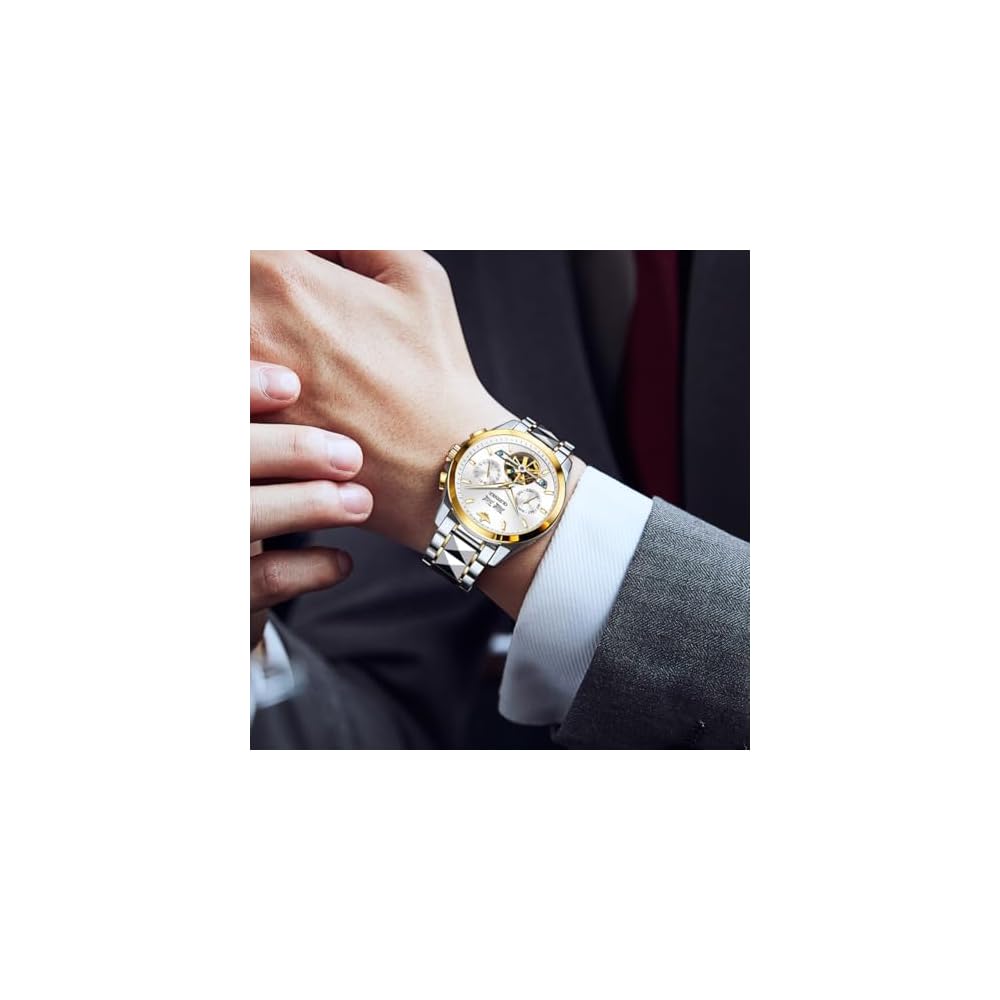 OLEVS Men's Automatic Mechanical Watch Stainless Steel Bezel Luminous Waterproof Luxury Dress Watch Silver