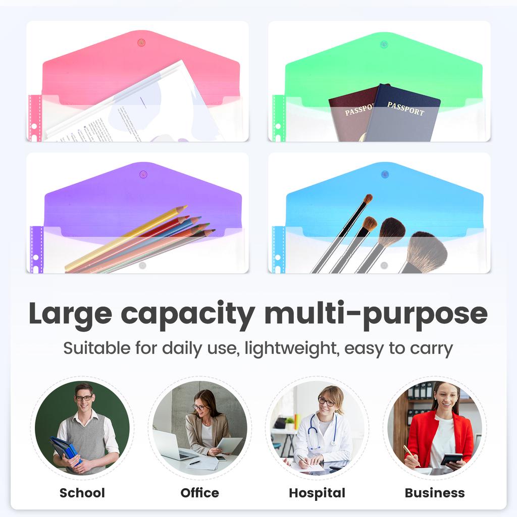 24Pcs Plastic Envelopes Binder Pocket with 11 Holes Waterproof Envelopes Binder Folder with Snap Button and Label Pocket