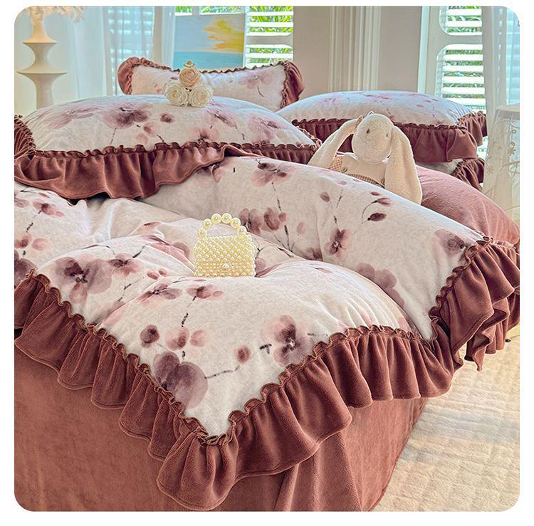 G5Z Winter-Samt Prinzessinnen-Spitzen Bettwäsche-Set - Flanell Bettdecke und Laken, Koralle, Vierteilig.
