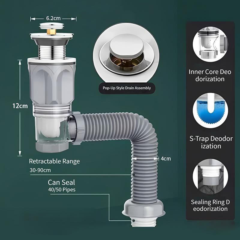 Flip Top Anti-Odor Drain Pipe Set Kitchen Sink Drain Retractable Deodorizing Filter Flexible Downspout Bathroom Anti Clogging