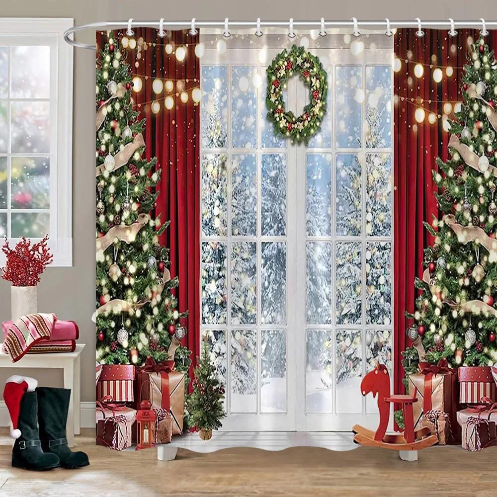 Christmas Backdrop Shower Curtain Holiday Gifts Fireplace Christmas Tree Garland Fabric Bath Curtains Bathroom Decor With Hooks