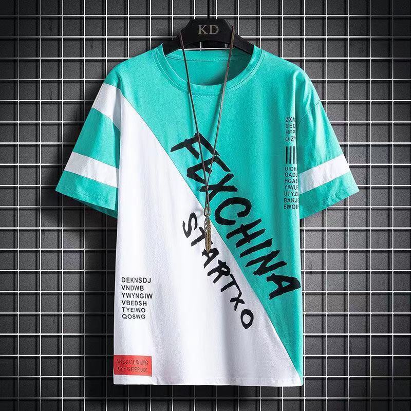 Men's Trend Letter Print Tops Tees Summer Short Sleeve O-neck Plus Size Contrast Loose T Shirts Fashion Casual Clothing