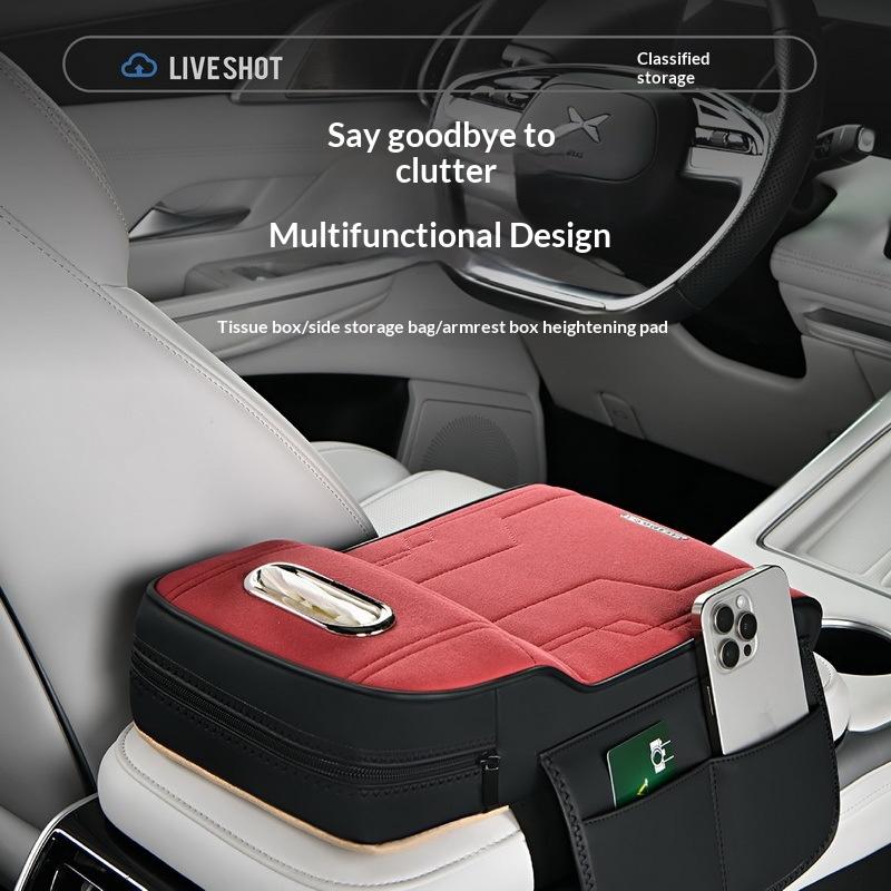 Universal Car Armrest Pad Height-Increasing Insoles Shearling Tissue Storage Box With Side Card Holder/Storage Pouch