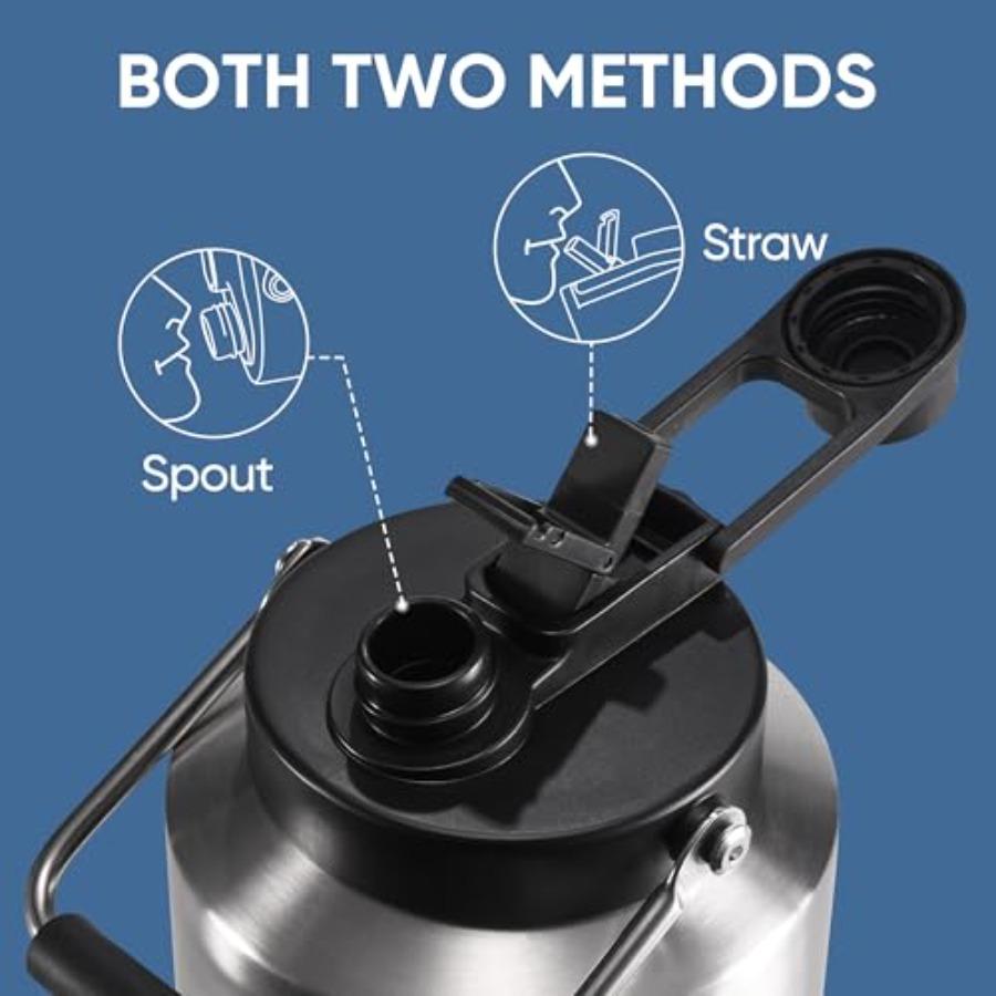 One Gallon Insulated Water Bottle for Travel: 2-in-1 Straw and Spout Lid Keep Cold 24Hrs Leakproof 128oz Water Jug With Handle
