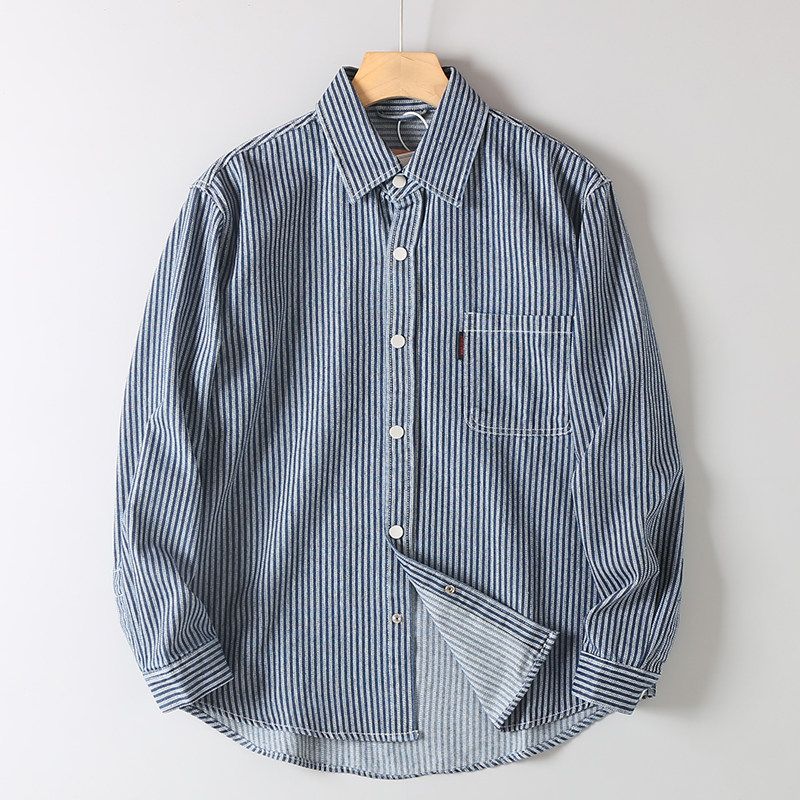 Japanese Retro Striped Denim Shirt for Men, Long-Sleeved, New Autumn Casual Loose Shirt, Men's Workwear Jacket, Trendy