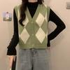 Women's Green Y2K Vintage Knitwear Sleeveless Argyle Knit V-Neck Blouse Tops Vest Sweater Korean Style Cardigan For Women
