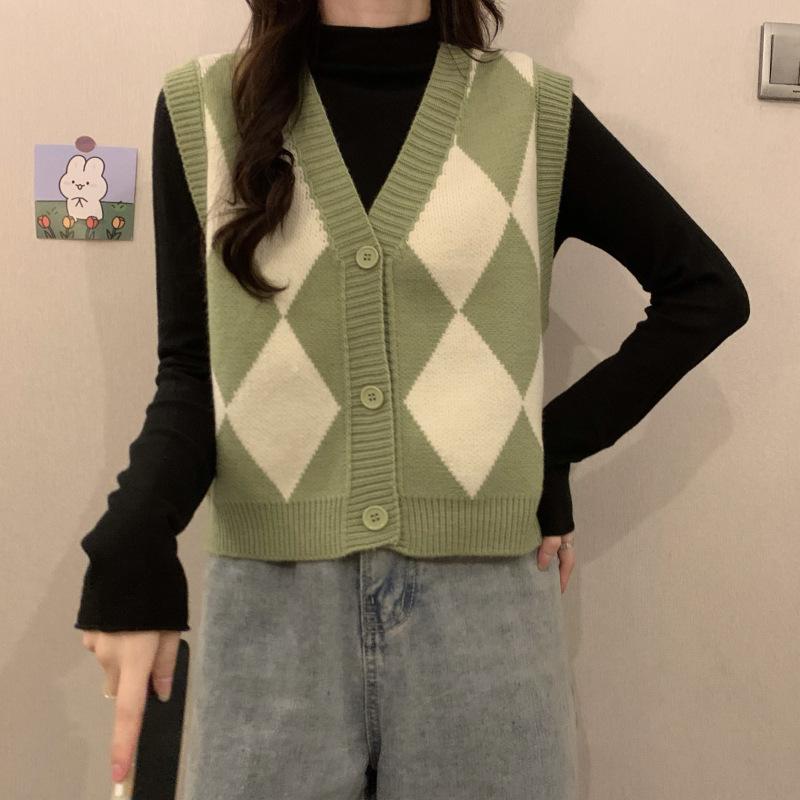 Women's Green Y2K Vintage Knitwear Sleeveless Argyle Knit V-Neck Blouse Tops Vest Sweater Korean Style Cardigan For Women