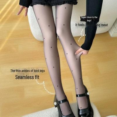 Doppellagige gepunktete schwarze Seiden-Plüsch-Strumpfhose - Transparenter Nacktbein-Effekt, Große Größe, Dick für Herbst/Winter