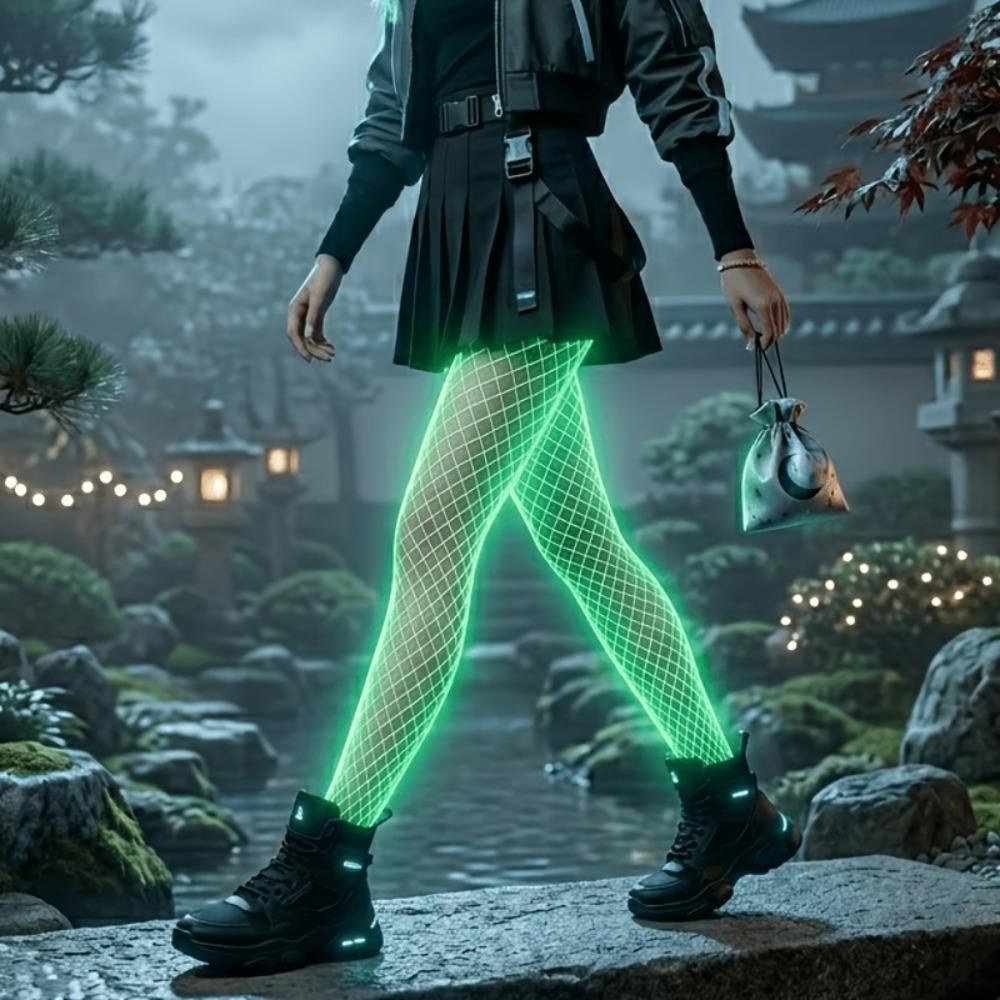 Leuchtende Fischernetzstrümpfe Leuchtende Fischernetz-Leggings Verführerische Leggings Formende Weiße Netz-Leuchtstrümpfe Asian One-size black