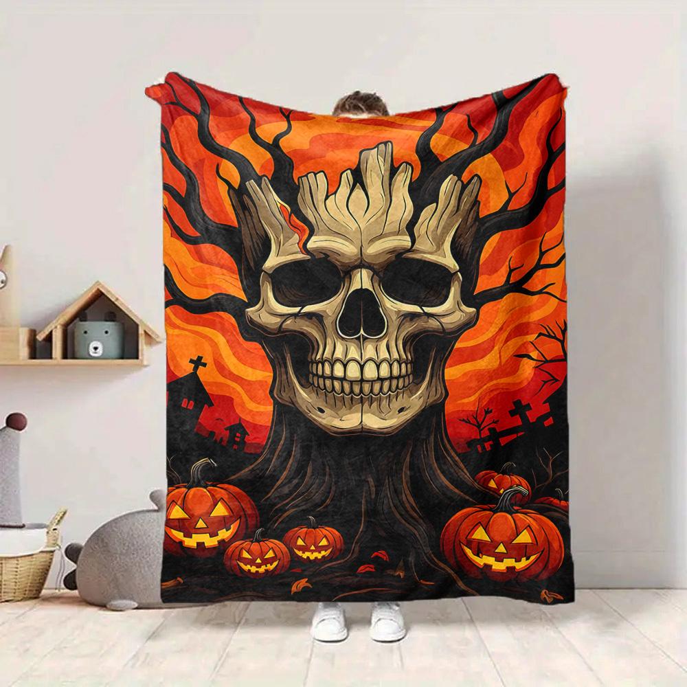1pc Halloween Skull Blanket Lightweight Flannel Blanket Throw Blanket For Sofa, Bed, Travel, Camping, Livingroom, Office, Couch, Chair, And Bed yy2510