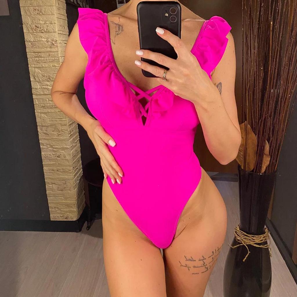 Nuovo Sexy Costume Intero Ruffled con Volant Schiena Scoperta Costumi da Bagno Donna Taglio Alto Monokini Costume da Bagno Swim