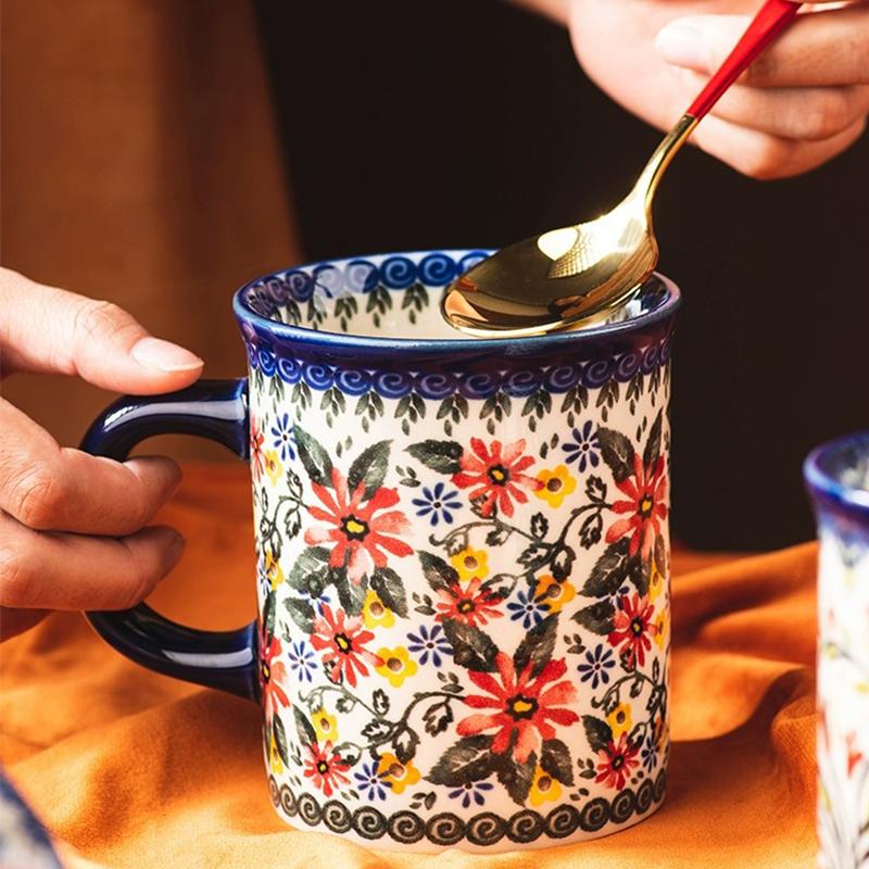 A Set of Gift Hand Painted Vintage Style Flower Pattern Ceramic Coffee Mug, 14 OZ Mug, Water Cup, Milk Mug, Ceramic Tea Cups wit