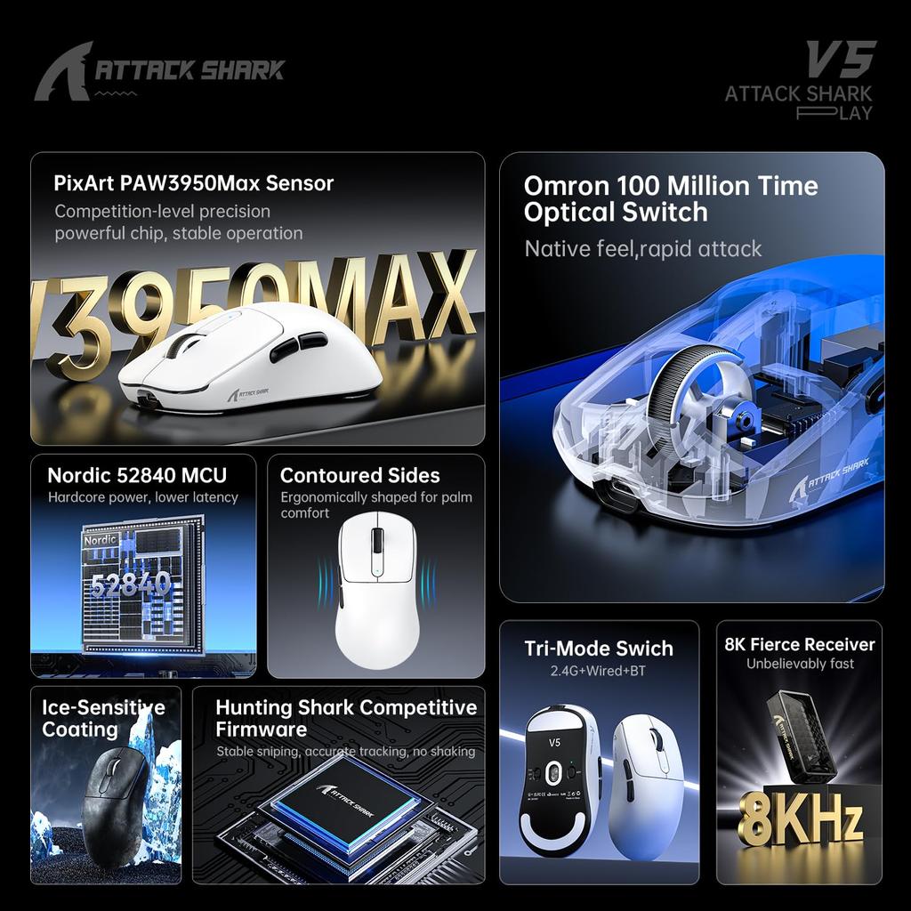 ATTACK SHARK V5 Gaming Mouse, Wireless, 8000Hz Polling Rate, Ultra-Lightweight, Tri-Mode, PAW3950MAX Sensor, 42000 DPI, Large Mouse, Symmetrical