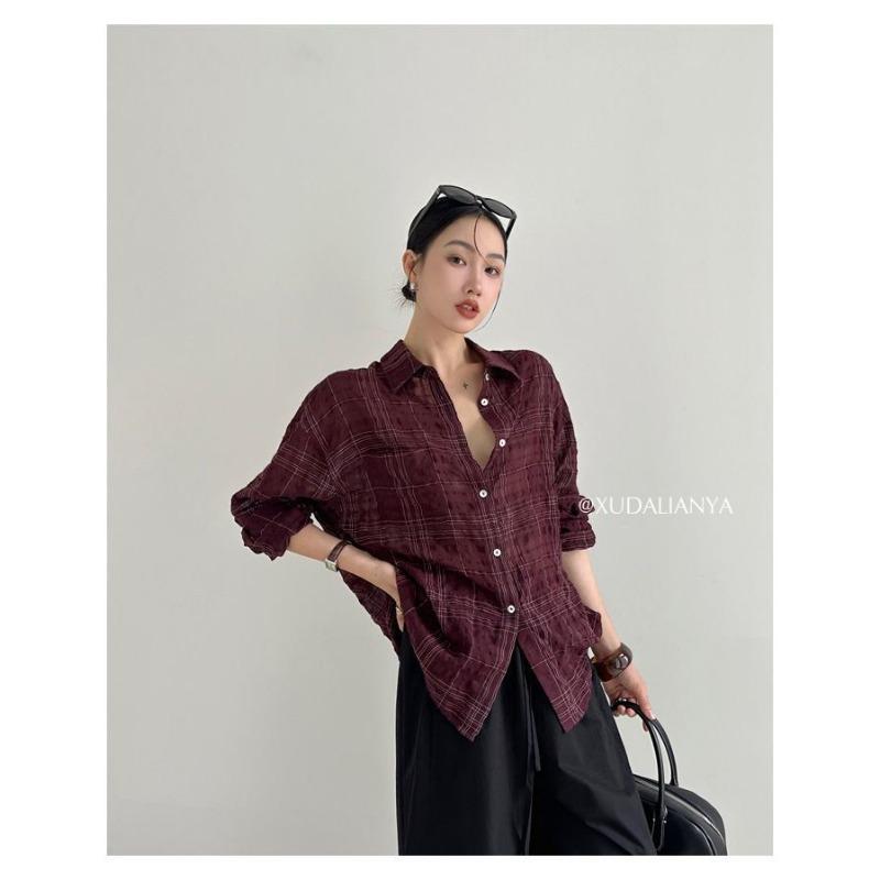 Karriertes Revers Kontrastfarbe Langarm Oberteil Damen Retro Hemd Mode Oberteil