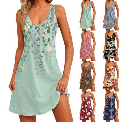Women's Casual Sundress With Pockets Summer Boho Beach Dress Floral Blouses For Women T-Shirts Dress V Neck Loose Tank Dresses