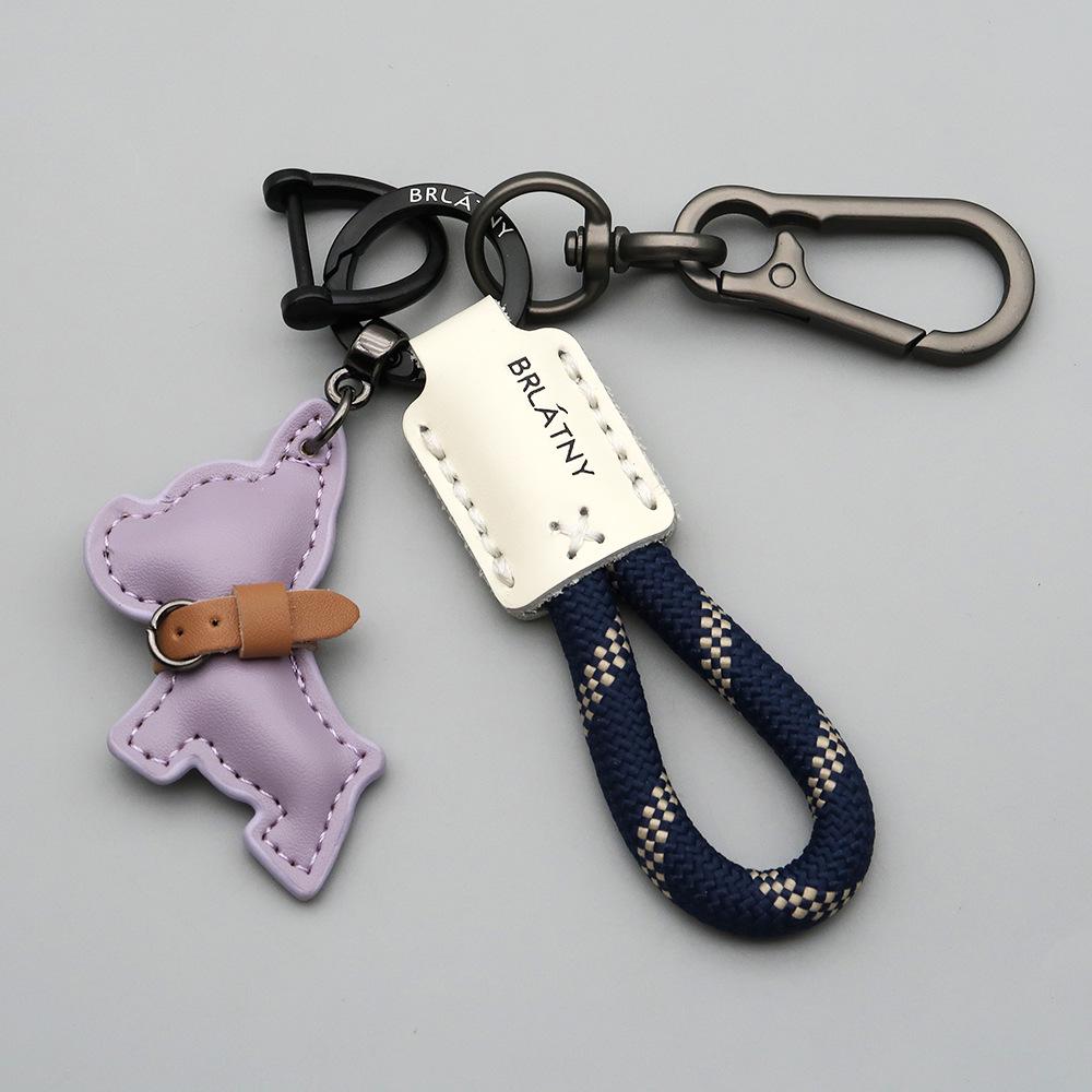 Handmade French Bulldog Genuine Leather Keychain with Anti-Lost Woven Rope Lanyard.