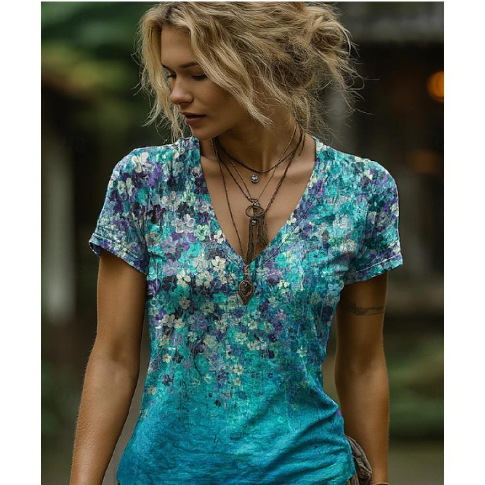 Women Summer T Shirt Beautiful Flower Print Short Sleeve Tees Casual Printed Tops XS разноцветный