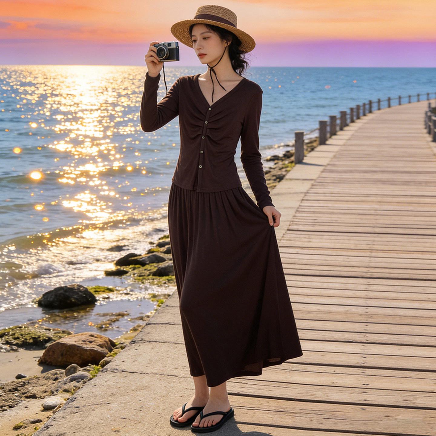 

Elegant Coffee Long Sleeve Top & Midi Skirt Set: Women s Casual Two-Piece with High-End Drape Style XXL
