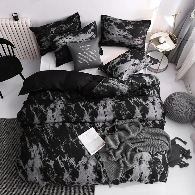 3PCS/set Black Marble Pattern Sanding Bedding Set Duvet Cover+Pillowase, Bedroom Bed Set, King Queen Double (Excluding Filler)