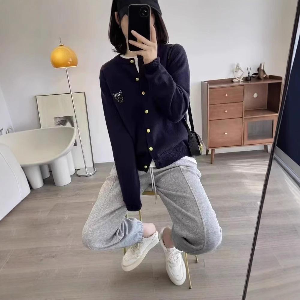 Women's 100% Wool Embroidered Badge Cardigan - New for Early Spring 2025, Soft Round Neck, Thin Knit Sweater.