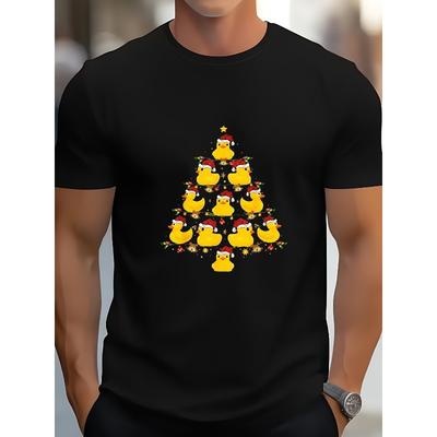 Europese Maat Heren Kerstboom & Rubberen Eend Print T-shirt - Casual Ronde Hals Tee met Feestelijk Vakantieontwerp, Zwart