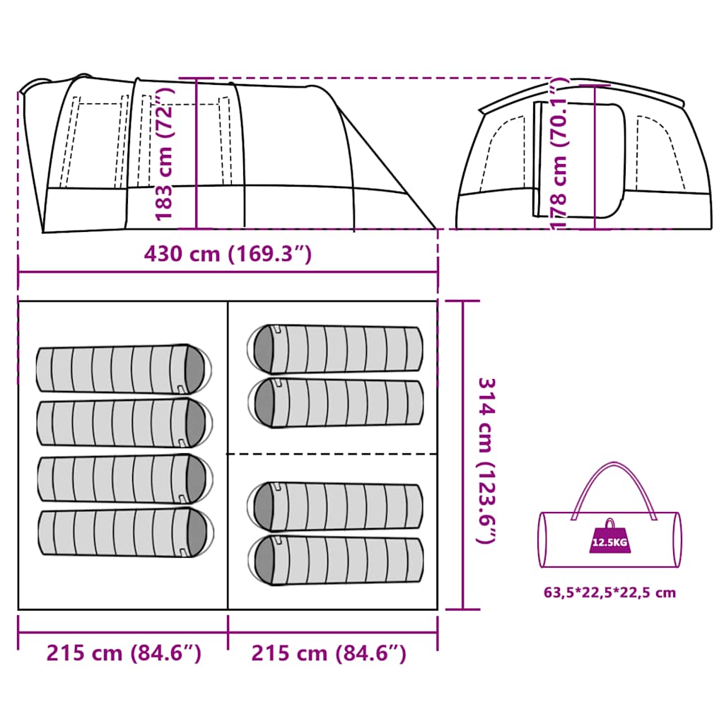 Tunnel Family Tent for 8 Persons Blue Waterproof