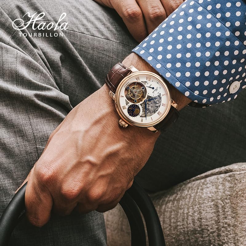 HAOFA Tourbillon Watch Mechanical Moon Phase GMT Genuine Leather Strap Hollow Engraved Dial Business Stylish Waterproof Arm Watch Men's Men's