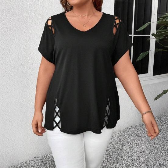 Women Summer T-shirt V-Neck Short Sleeve Solid Color Loose Fit Casual Tops with Hollow Cross-Band Design