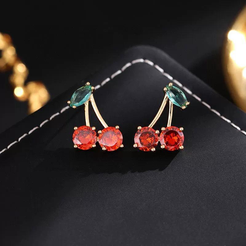 New Red Zircon Cherry Earrings Stud Fresh Trendy Style Women's Shiny Crystal Dangle Earrings Party Exquisite Jewelry Accessories
