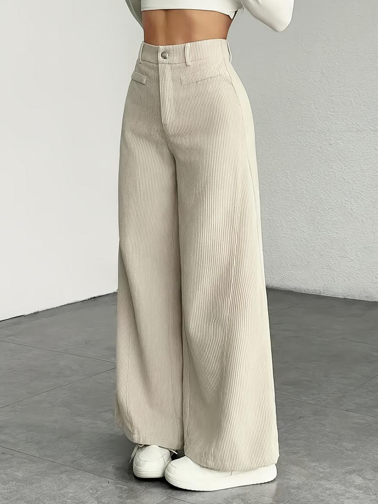 Women's High Waist Wide Leg Pants, Basic Casual Trouser with Button Detail, Solid Grey