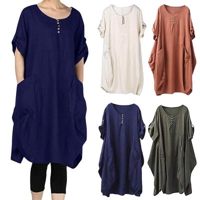 Women's Fat MM Linen Plus Size Lantern Skirt Round Neck Waist Dress