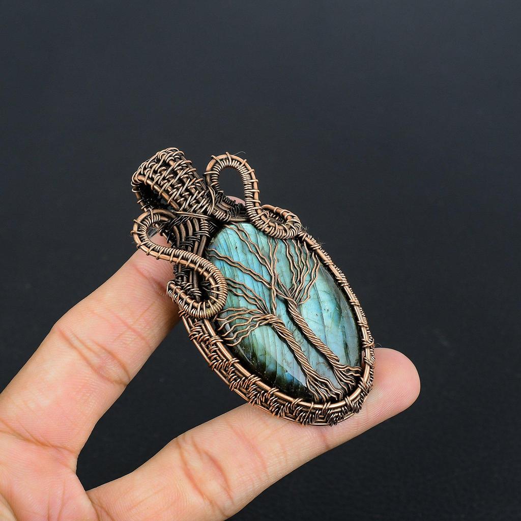 Tree Of Life Labradorite Pendant, Handmade Gemstone 999 Copper Wire Wrapped Antique Jewelry, For Gift Silver Jewelry