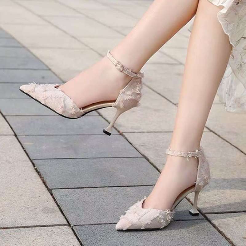 High heels women's 2025 spring and summer new thin heels fairy style women's shoes versatile pointed heel one-button sandals