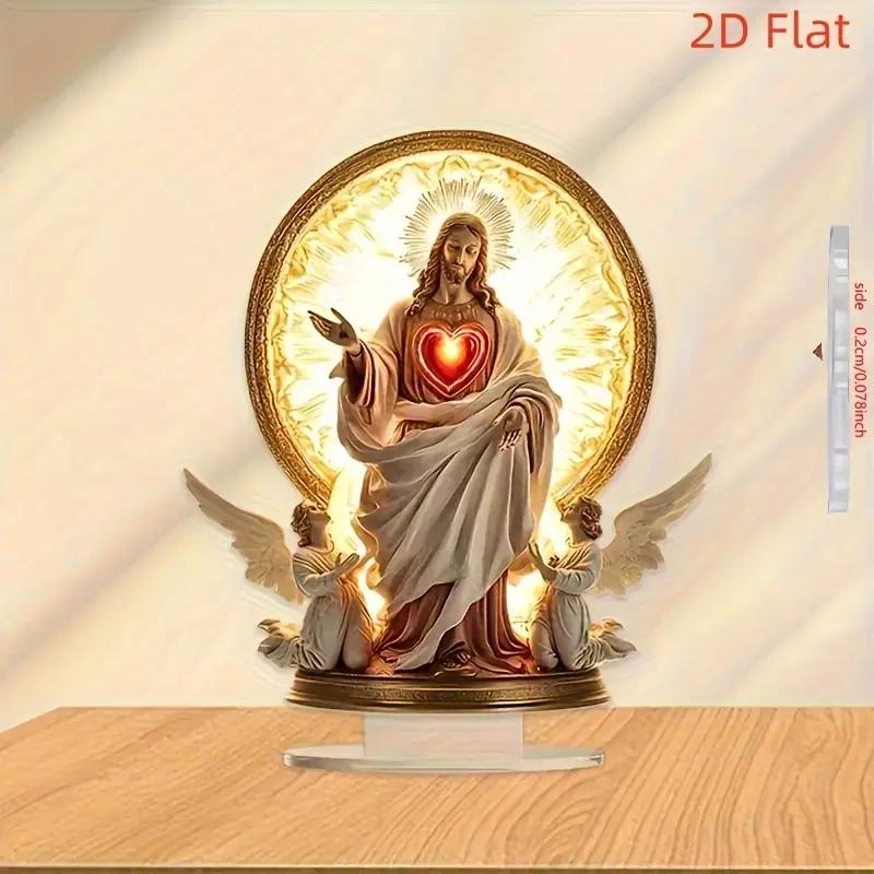 Scultura Acrilica Sacro Cuore di Gesù con Base Opera d'Arte Religiosa Tradizionale Aureola Dorata e Angelo Decorazione da Scrivania