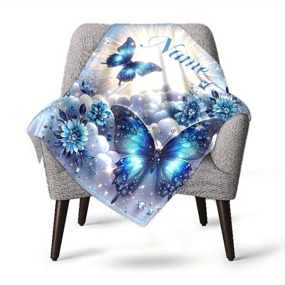 Home Customize Your Name Blue Butterfly Flower Sparkle Blanket Comfortable Soft Lightweight Allseason Multipurpose Blanket For Picnics Sofas Offices