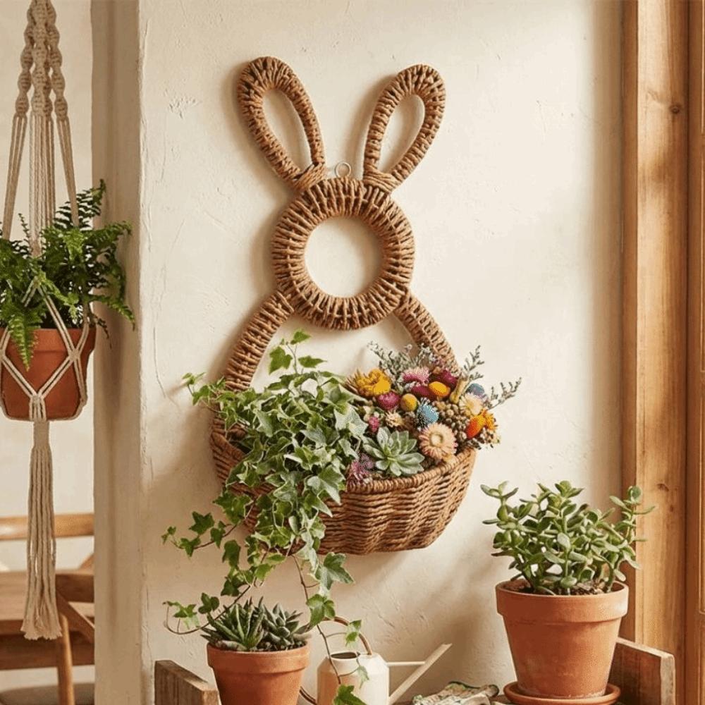 Hand Woven Easter Bunny Basket Natural Willow Handmade Bunny Flower Basket Gift Holder Cute Rabbit Easter Wall Pocket Front Door