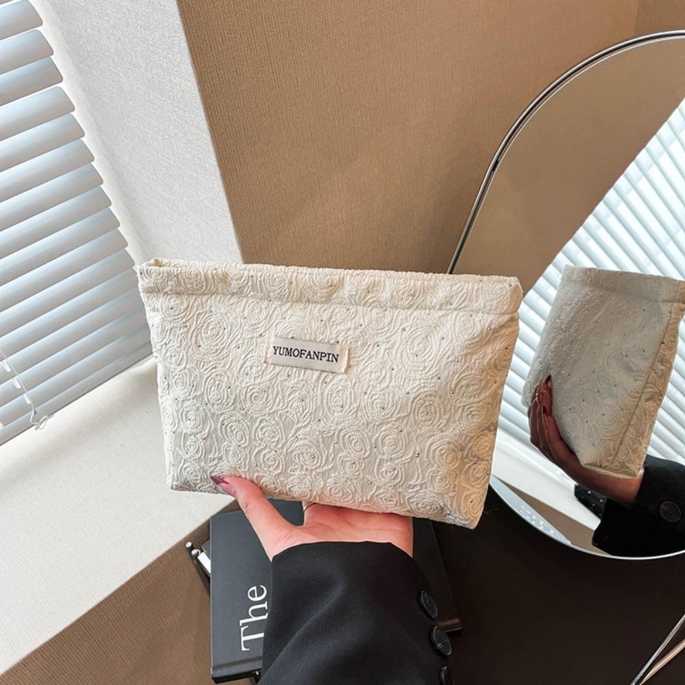 

Portable Zippered Makeup Bag Multi-purpose Large Capacity Storage Bag Solid Color Flower Pattern Cosmetic Pouch Outdoor бежевий