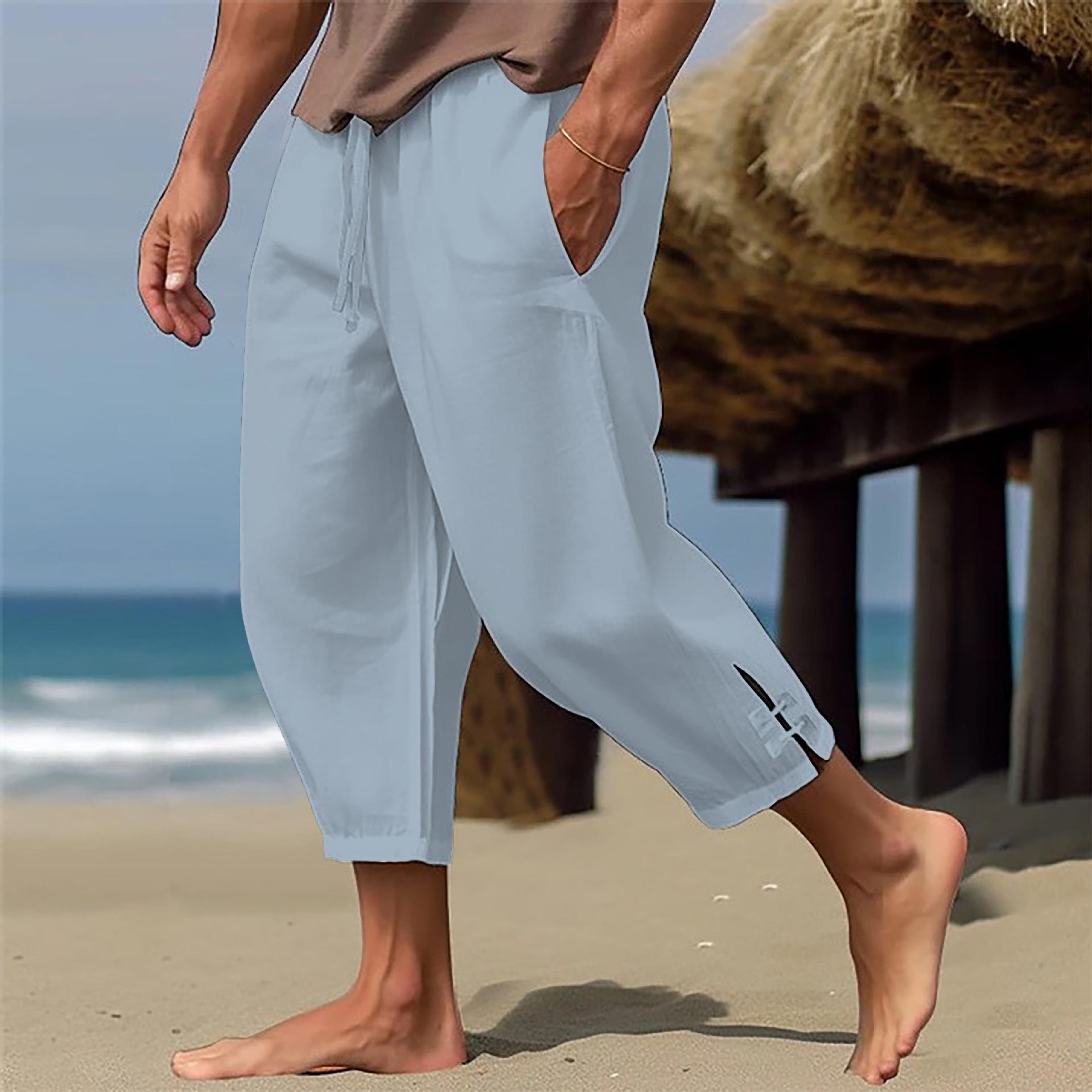 2026 Men s Casual Summer Cotton Linen Drawstring Capri Pants M