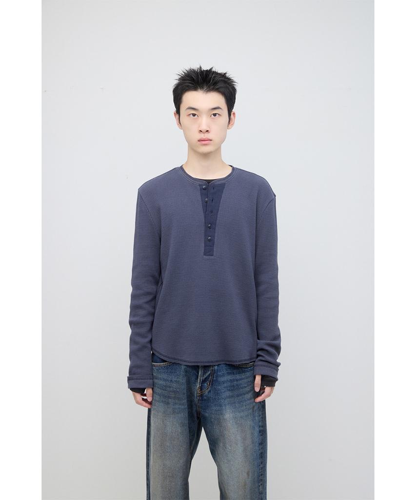 HATCHINGROOM Thermal Henley Tee Blue Charcoal