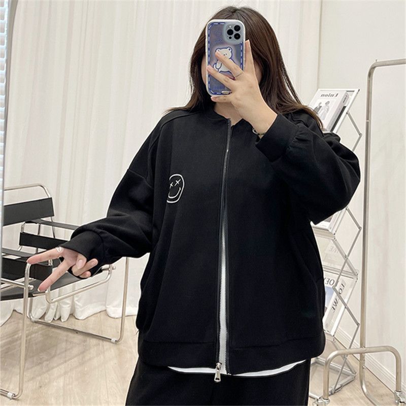 

Женская куртка большого размера с принтом смайлика, осенняя толстовка свободного кроя с длинным рукавом, худи с круглым вырезом, повседневные топы M