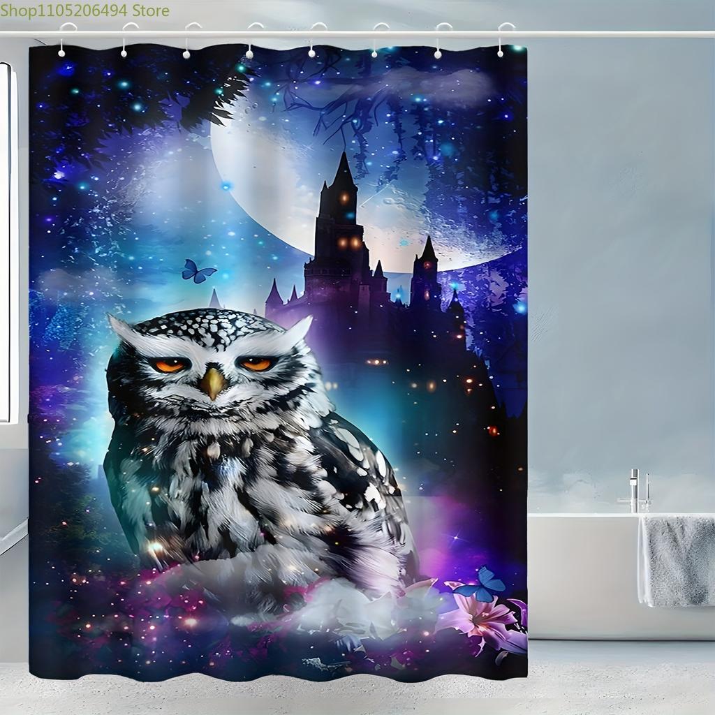 Warner 1pc Cute Printed Bathroom Shower Curtain with Owl and Castle Pattern, Creative, Suitable for Home Bathroom/Home Decor,